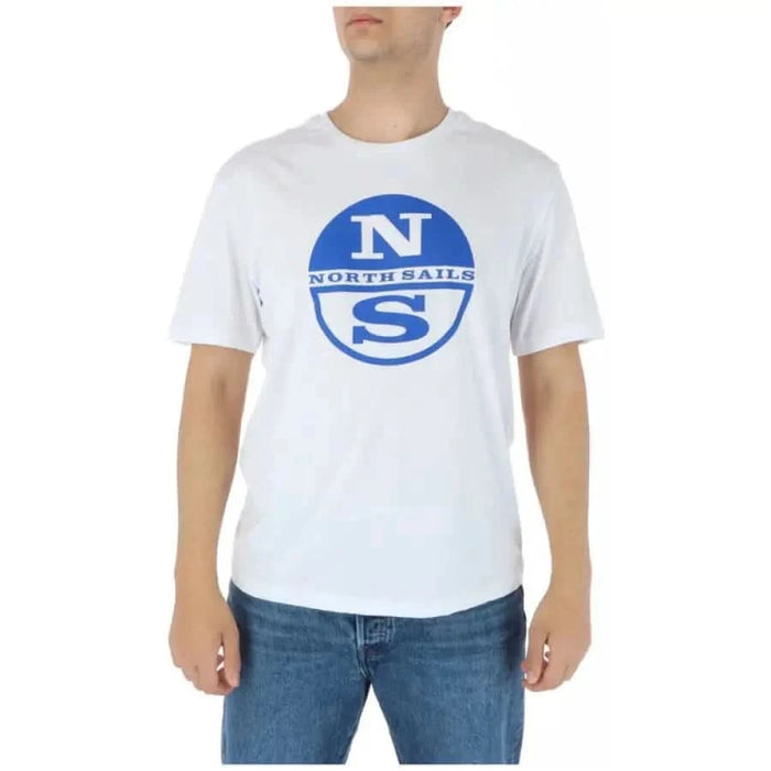 White North Sails Men T-Shirt featuring blue circular NS logo and NORTH SAILS text