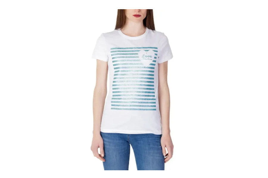 White t-shirt featuring blue stripes, ideal for minimalist outfits. Shop now.