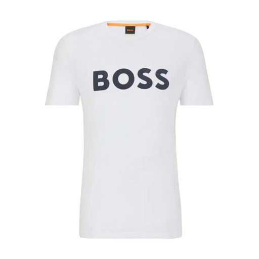 White BOSS Men T-Shirt featuring bold black printed text for a stylish look