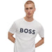 White BOSS Men T-Shirt featuring bold dark text on the front for a stylish look