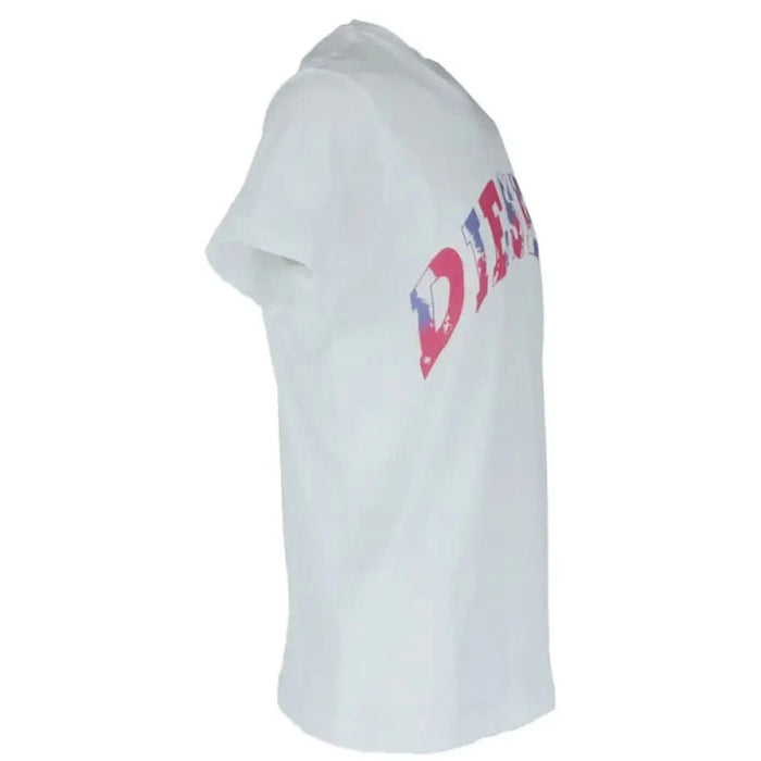 Diesel Men T-Shirt showing a white t-shirt with colorful DKNY logo on the side