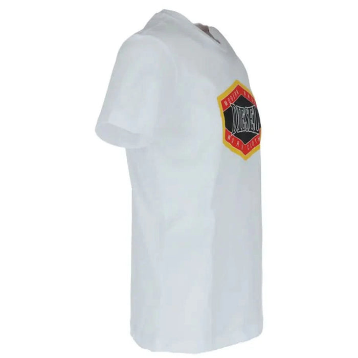 Diesel Men T-Shirt featuring a white fabric and a colorful hexagonal logo patch on the sleeve