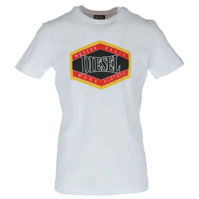 White t-shirt with colorful Diesel logo on front displayed in Diesel Men T-Shirt product