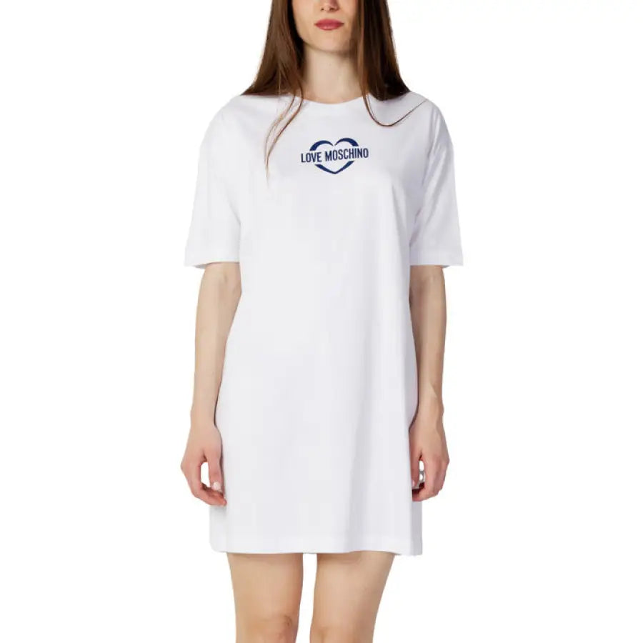 White t-shirt dress with ’Love Moschino’ logo on chest from Love Moschino Women Dress collection