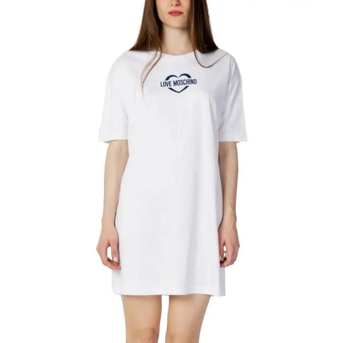 White t-shirt dress with ’Love Moschino’ logo on chest from Love Moschino Women Dress collection