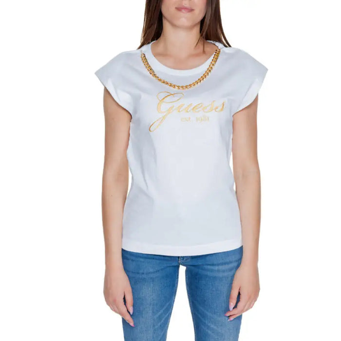 White Guess Women T-Shirt featuring gold logo and printed chain necklace design