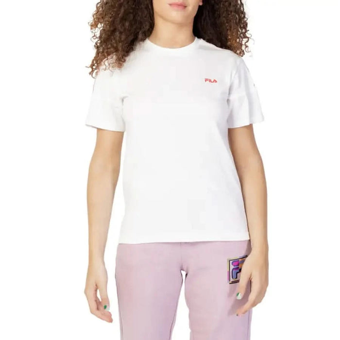 White Fila Women T-Shirt featuring a small red logo on the chest