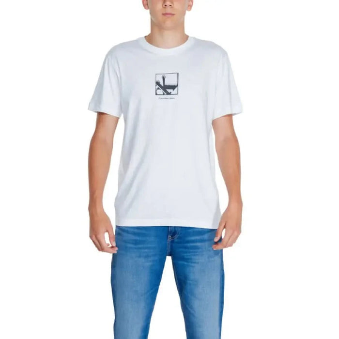 Calvin Klein Jeans Men T-Shirt: White with Small Square Graphic on Chest