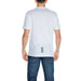 Ea7 Men T-Shirt featuring a white color with small black stripes at the bottom hem