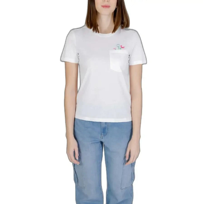 Only Women White T-Shirt with Pocket and Colorful Embroidery Detail