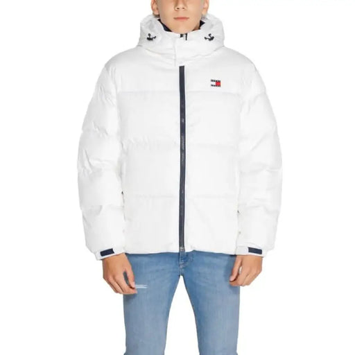 White Tommy Hilfiger puffer jacket with hood and front zipper for men