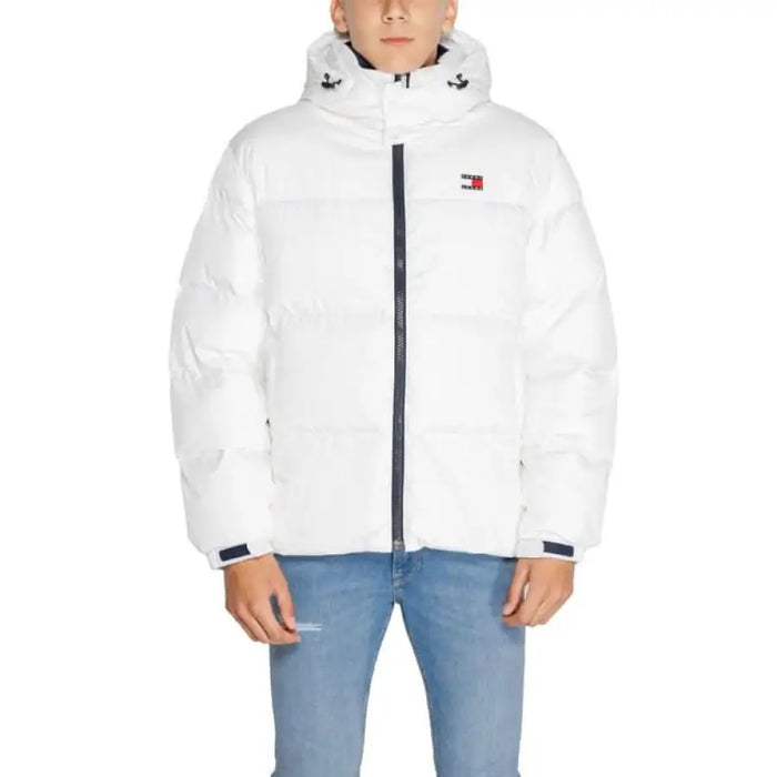 White Tommy Hilfiger puffer jacket with hood and front zipper for men