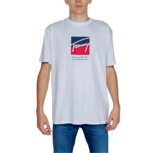 White Tommy Hilfiger t-shirt with red and blue logo displayed by Tommy Hilfiger Jeans Men