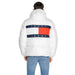 White Tommy Hilfiger puffer jacket with navy and red logo stripe on the back