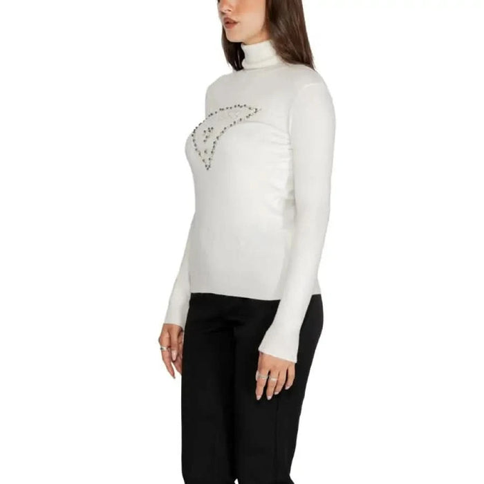 White turtleneck sweater with decorative chest pattern from Guess Women Knitwear