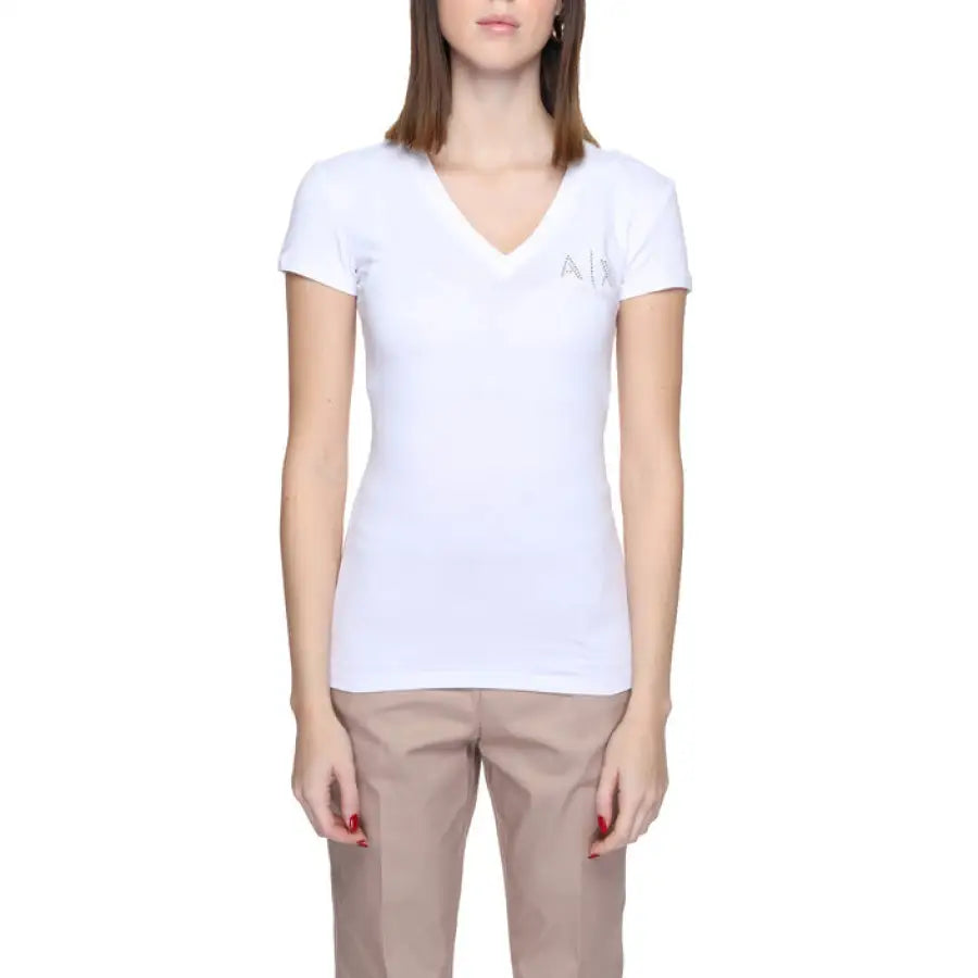 
                      
                        Armani Exchange Women’s White V-Neck T-Shirt with Short Sleeves and Small Chest Logo
                      
                    
