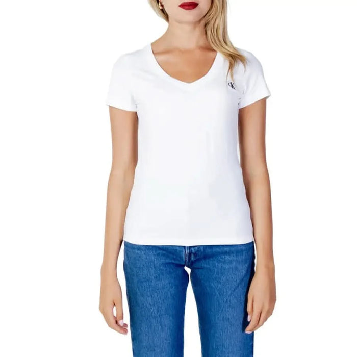 Calvin Klein Jeans Women’s White V-neck T-shirt with Small Chest Logo