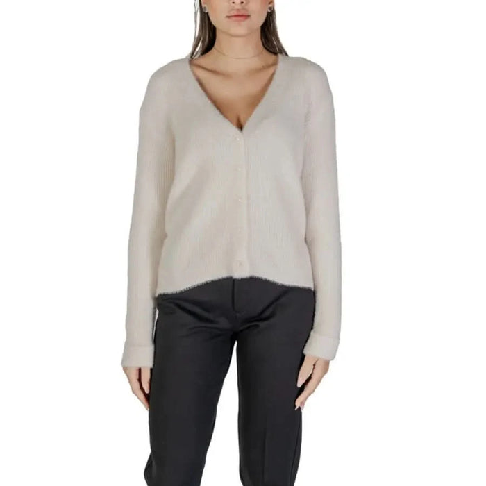 White v-neck zip-up cardigan sweater with long sleeves by Street One for women