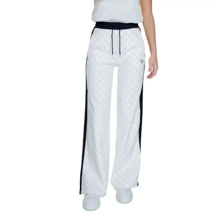 White wide-leg pants with navy side stripes and drawstring waist by Guess Women Trousers