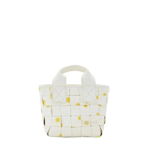 White woven handbag with yellow accents and short handles by Desigual for women