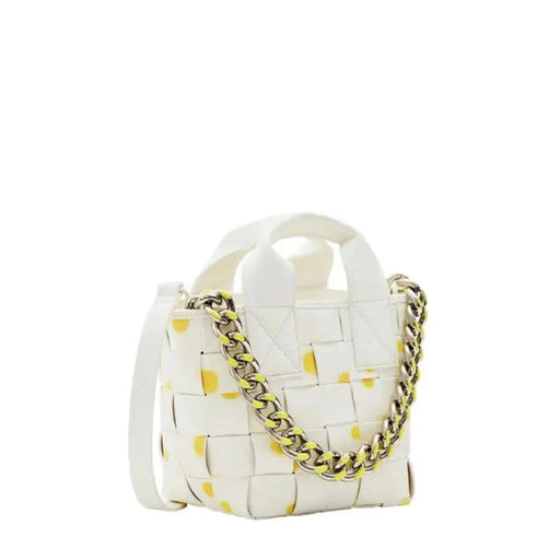 White woven handbag with gold chain strap and yellow accents by Desigual