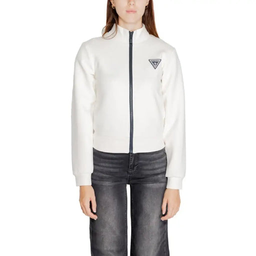 White zip-up fleece jacket featuring triangular logo on Guess Active Women Sweatshirts