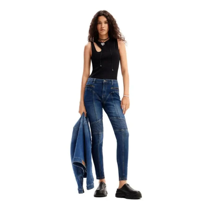 Desigual Desigual women modeling a sleek undershirt in black top and jeans