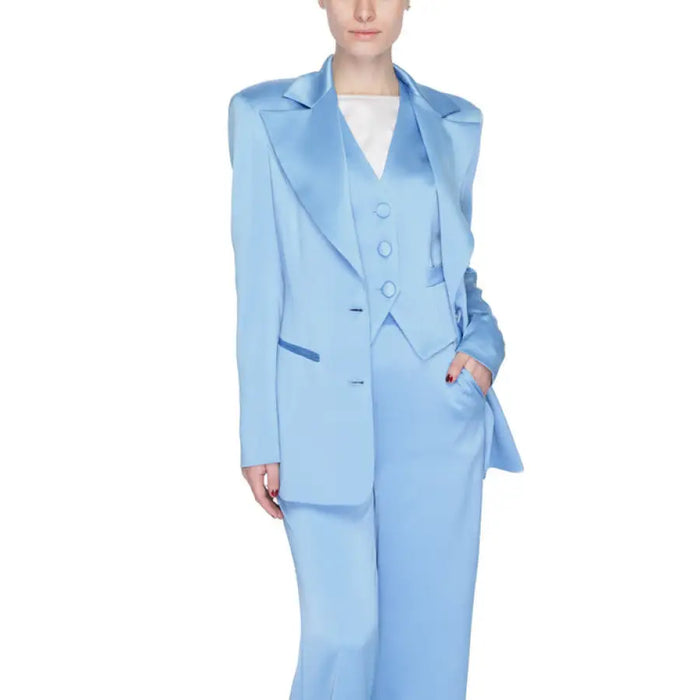 Woman in blue suit and white top showcasing Silence Urban Women Blazer style clothing