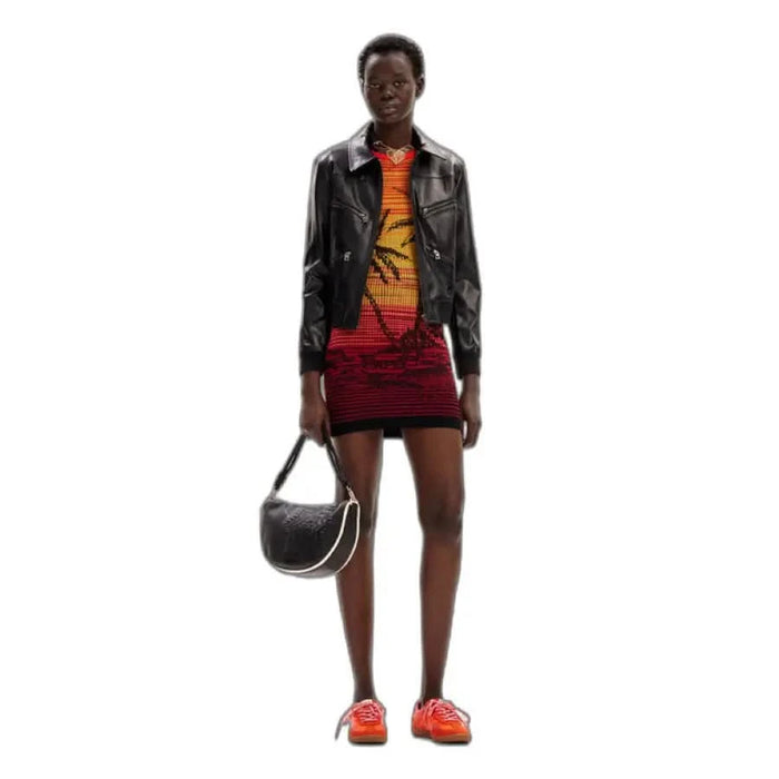 Urban style: Woman in a red dress & black leather jacket - Desigual Women Dress