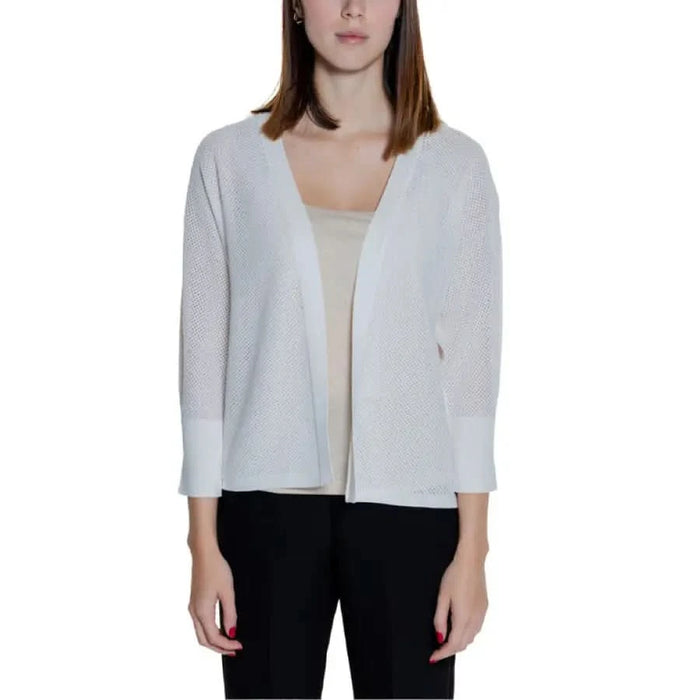 Urban Style: Woman Wearing Street One White Cardigan Jacket - Street One Women Clothing