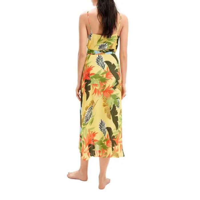 Urban style: Woman in tropical print yellow dress - Desigual Women Dress