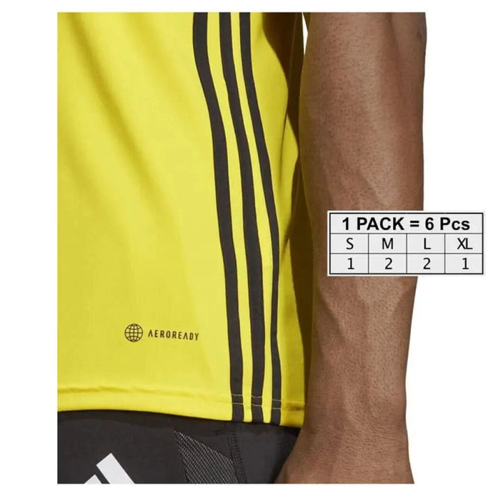 Yellow Adidas athletic shirt with black side stripes and AEROREADY logo for men