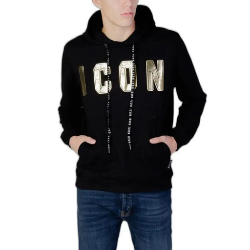 Young man in Icon urban style clothing, black hoodie with ’i don’ - urban city fashion