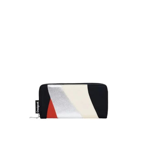 Zippered Desigual Women Wallet in black, red, white, and cream diagonal color blocks